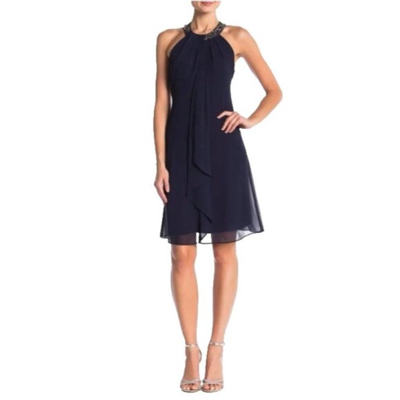 SLNY Evenings 14 Dress Blue Crystal Crew Neck Wedding Cruise Party Event NEW - Picture 3 of 13